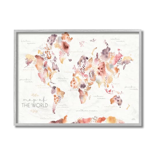 Stupell Industries Abstract Floral World Map Watercolor Pink Purple in Gray Frame Wall Art